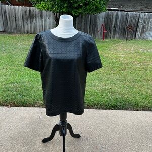 Lafayette 148 New York Top Blouse Laser-Cut Black Leather Back Zip Size L